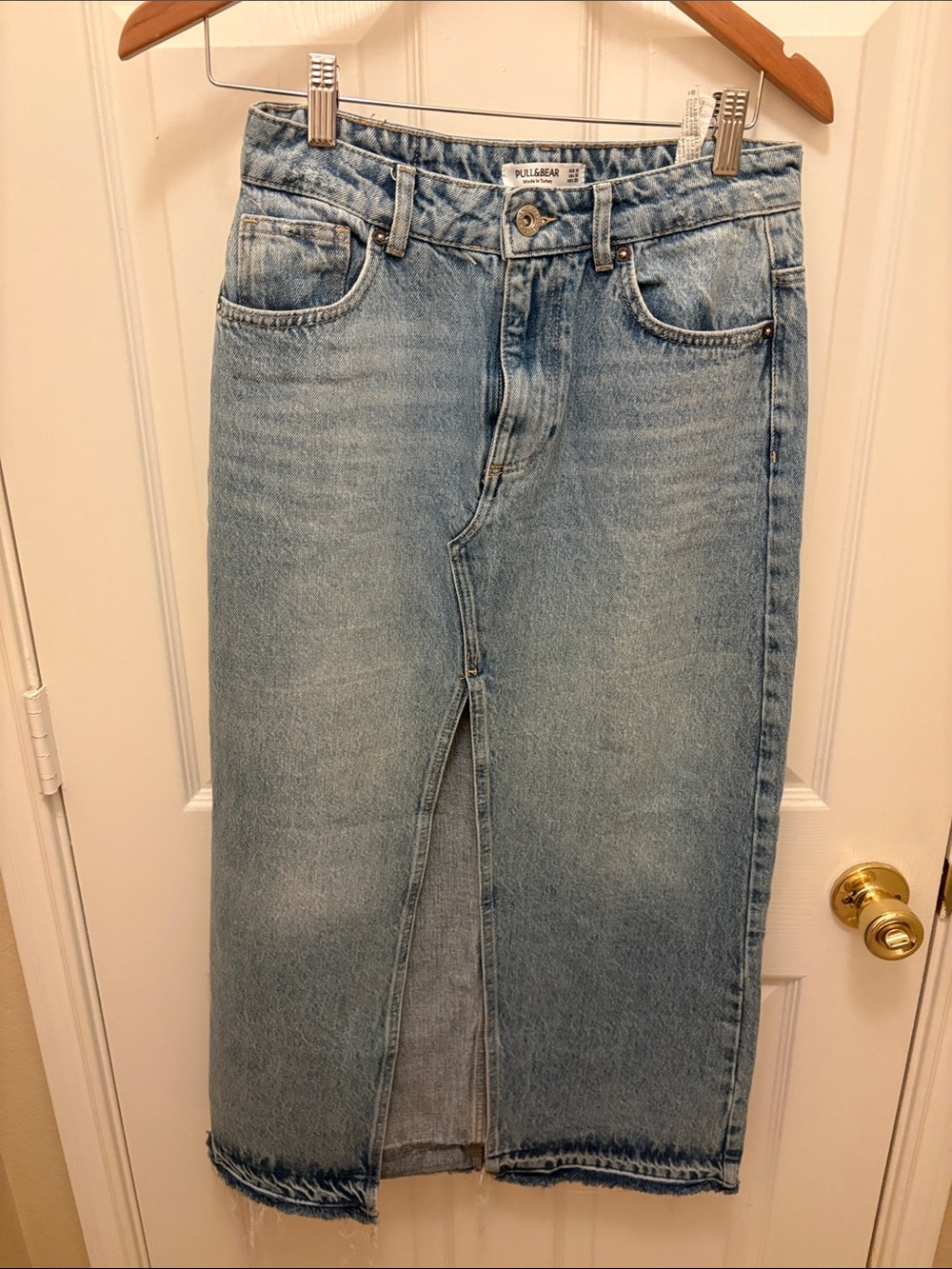 Pull&Bear Light Blue Denim Midi Skirt with Center Slit